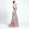 2020 New Arabic Sexy V Neck Mermaid Prom Dresses Satin Beaded Lace Pageant Dress Party Evening Wear Robe De Soiree Backless Sleeve1580866