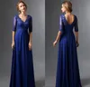 Kraliyet Mavi Uzun Kadın anne Gelin Damat Elbise Kollu V Boyun Şifon Aplikler Boncuklu Backless Zarif Abiye Resmi Elbiseler