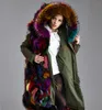 hot sale multicolour fur trim canvas parka women fur coats Meifeng brand multicolour fox fur lining army green long parkas