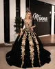 Vestido Elegant Ball Prom Vestidos de renda dourada Aplicado Dubai Celebridade árabe V Necuar vestidos de noite de meia manga