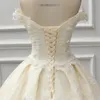 Gorgeous Beige Wedding Dresses Off the Shoulder Lace Up Back Chapel Train Hand Made Flowers Pearls Wedding Gown vestido de novia