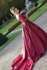 Satin Sexy Amazing Red Wedding Dresses V Neck Off The Shoulder With Long Lace Sleeves Floor Length Bridal Gowns Robe De Mariee Princesse