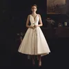 Tea Length Satin High Low A-line Short Wedding Dresses V Neck Sleeveless Hi Lo Women Informal Short Bridal Gowns Custom Made