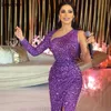 Sparkly Purple Sequined Prom Dresses One Shoulder Long Sleeves Evening Gowns Plus Size Sheath Floor Length Side Split Formal Dress 407