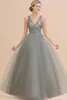 Silver Gray Tulle Long Prom Dresses 2020 Sexy Low Back Deep V Neck A Line Party Evening Gowns Beads Sequins Elegant Formal Vestidos CPS1349