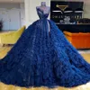 Marineblauw Baljurk Prom Jurken Sexy Illusion Hoge Hals Glitter Crystal Prom Dress Tiered Rokken Tule Robe de Soiree