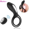 Fjärrkontroll Penis Fördröjning Ejaculation Cock Vibrerande Ring Dual Penetration G Spot Stimulator Dildo Vibrator Sexleksaker för män J190626