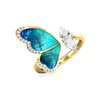 Fantasy Blue Butterfly Wings Gold Open Finger Rings Charms smycken Fashion Justerbara Rhinestone Party Rings for Women2380