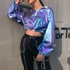 2020女性レイブ衣装ホログラフィックジャケットショートフード付きネオン衣装ダンスクロップトップレディースジャズダンスストリート服