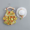 Blomma flicka outfits baby girls floral tops shorts hatt 3pcs set suspender toddler kläder set sommar baby kläder 7 mönster dhw3884