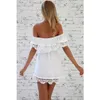 Fashion-Dress for Women Summer Elegant Knee Length Strapless Girl Vintage Sweet Lace White Dresses Stylish Sexy Slash Neck Casual Slim Beach