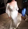 Lindo vestidos de casamento sereia vestidos puro 3d laço apliques inchado longo mangas vestido de casamento contagem de vestido nupcial vestido de noiva