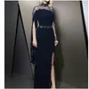 2020 Formell High Neck Navy Blue Aftonklänningar Kaftan Dubai Beaded Långärmad Party Gowns Modest Robe de Soiree Split Prom Dress