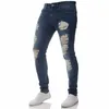 Mens Casual Skinny Jeans Pants Solid Black Ripped Beggar Fit Denim With Knee Hole For Youth