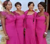 Afrikanska brudtärna klänningar sjöjungfru brud med spetsapplikationer ren juvelhalschiffon svep tåg eleganta prom aftonklänningar