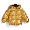 Dzieci zimowa kurtka dla chłopców srebrna złota, swobodny płaszcz z kapturem ciepłe ubranie.