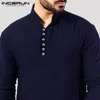 INCERUN Casual Hommes Chemise Coton À Manches Longues Col Montant Vintage Solide Cousu Long Tops Indien Kurta Costume Pakistanais Chemise 5XL V191026