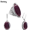 Oval Transparent Purple Opal Jewelry Set Necklace Earrings Ring Antique Silver Plated Stainless Steel Chain Fashion Jewelry