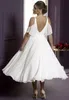 Enkel chiffong en linje bröllopsklänningar djupa v hals pärlstav sash billiga brud klänningar te längd kort klänning2550287