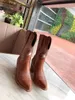 Hot Sale-Spring Fall Womens Black White Light Tan Real Läder Pekade Toe Booties Classic Chunky Low Heels Cowboy Western Pull på stövlar