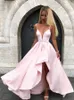 간단한 핑크 새틴 스파게티 스트랩 댄스 파티 드레스 V 넥 리본 새시 바닥 길이 이브닝 파티 드레스