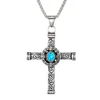 Fashion- Natural Black Blue Turquoises Cross Pendant Halsband Män vintage rostfritt stål Religiös Jesus Crucifix Manliga smycken H2P3