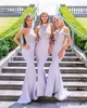 Neue gemischte Stile Meerjungfrau Brautjungfer Kleider Lavendelperlen appliziert Spitze von den Schulterhalter -Gurten bodenlange Hochzeitsgastkleid