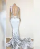 Silver Long Sleeves Evening Dresses Illusion Bodice Plunging V Jewel Neck Mermaid Sweep Train Lace Applique Spandex Prom Party Gown