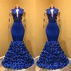 New Royal Blue Long Sleeves Evening Dresses Deep V Neck Mermaid Prom Klänningar Lace Appliques Afrikanska Kvinnor Formell Wear Party Gowns Vestidos