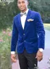 Royal Blue Velvet Groom Tuxedos Notch Lapel Groomsmen Wedding Dress Autumn Winter Style Men Formal Party Prom Suit(Jacket+Pants+Tie) 809