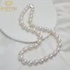 ASHIQI 10-12mm Big Natural Freshwater Pearl Necklace for Women Real 925 Sterling Silver Clasp White Round Pearl Jewelry Gift