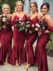 Vintage Burgundy Spaghetti Mermaid Bridesmaid Dresses Off Shoulder Hi-Lo Formal Prom Evening Gown Long Miad Of Honor Dresses