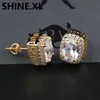 Mens Hip Hop Earring Square Shape Iced Out Big Zircon Stud Earring with Safe Screw Back Exaggerated Luxury Earrings Jewelry