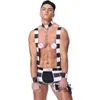 Striped Men Prisoner Costume Halloween Cosplay Uniform Sexy Lingerie Set Suspender Boxer Shorts With Hat Chain Collar Wristbands220Q