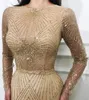 Guld sjöjungfrun kvällsklänningar 2020 juvel nacke spets pärlstav golv längd långärmad prom klänning arabiska dubai tillfälle formella klänningar