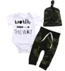 3 stks sets baby zomer kleding set peuter korte mouw rompertjes + camouflage broek + hoeden baby kleding pasgeboren pak kinderen outfits