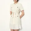 2020 Spring Short Sleeve Round Neck White Pure Color Tweed Panelled Belted Pleated Knee-Length Dress Women Fashion Dresses W1815218