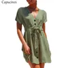 Casual Bomull Linne Knapp Sommarklänning Kvinnor Vintage V Neck Kortärmad Bow Belt Kort Skjorta Klänningar Kvinna Vestidos