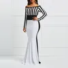 Clocolor Sheath Dress Elegant Women Off Sholuder Long Sleeve Stripes Color Block White Black Bodycon Maxi Mermaid Party Dress Y19052901