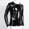 Black Mens pvc faux Leather Long Sleeve Zipper T-shirt Nightclub Style Metallic Shiny Hip Hop Pullover T-Shirt Costume Top