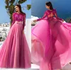 Prom Dress Långärmade Lace Tulle Sheer A Line Evening Dresses Party Gown Formell Pageant Wear Elegant Fuchsia Two Piece