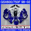 Lichaam voor Suzuki GSXF 750 600 GSXF750 1998 1999 2000 2001 2002 292HM.54 Voorraadblauw Wit GSX 600F 750F KATANA GSXF600 98 99 00 01 02 Kuip