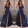 Navy Blue One Shoulder Pailletten A Line Lange Avondjurken 2019 Ruched Split Vloer Lengte Formele Partij Prom Gowns BC1111