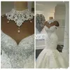 Nouveau Luxe Dubaï Arabe Sirène Robes De Mariée Col Haut Illusion Dentelle Appliques Cristal Beaing Plus La Taille Tulle Formelle Robes De Mariée