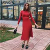 Novgirl 가을 겨울 스웨터 드레스 여성 2019 패션 니트 미디 드레스 긴 소매 라인 가운 사무실 레이디 드레스