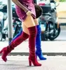 Vente chaude-Célébrité Designer Femmes Velours Cuissardes Bottes Bloc Talons Hauts Sur Le Genou Longues Bottines Bleu Bourgogne Chaussure Femmes