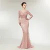 Luksusowy Różowy Mermaid Długie Rękawy Perły Kryształ Koronki Koronki Haft Kobiety Formalne Party Suknia Suknie Wieczorowe