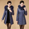 2019 Winter Lederen Katoen Gevoerde Jassen Nieuwe Middelbare leeftijd Dames Hooded Slanke Lederen Jas Warm Medium Lange Bovenkleding Plus Size 8XL