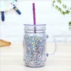 Sap Suyu Cup ile Kapak ve Hasır Yaz Drinkware Mason Jar ile Yeni 15oz Yaratıcı Pullarda Plastik Şişe