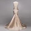 2022 Champagne Sirène Robes De Bal Sexy Halter Argent Dentelle Paillettes Dos Nu Long Balayage Train Formelle Robes De Soirée Sur Mesure BA7774